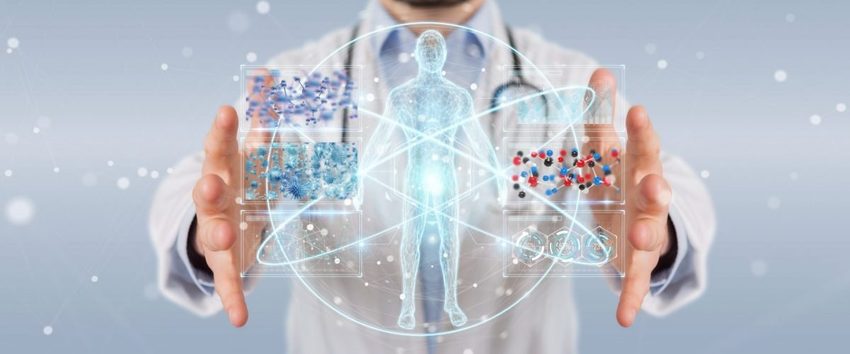 Doctor on blurred background using digital medical futuristic interface 3D rendering